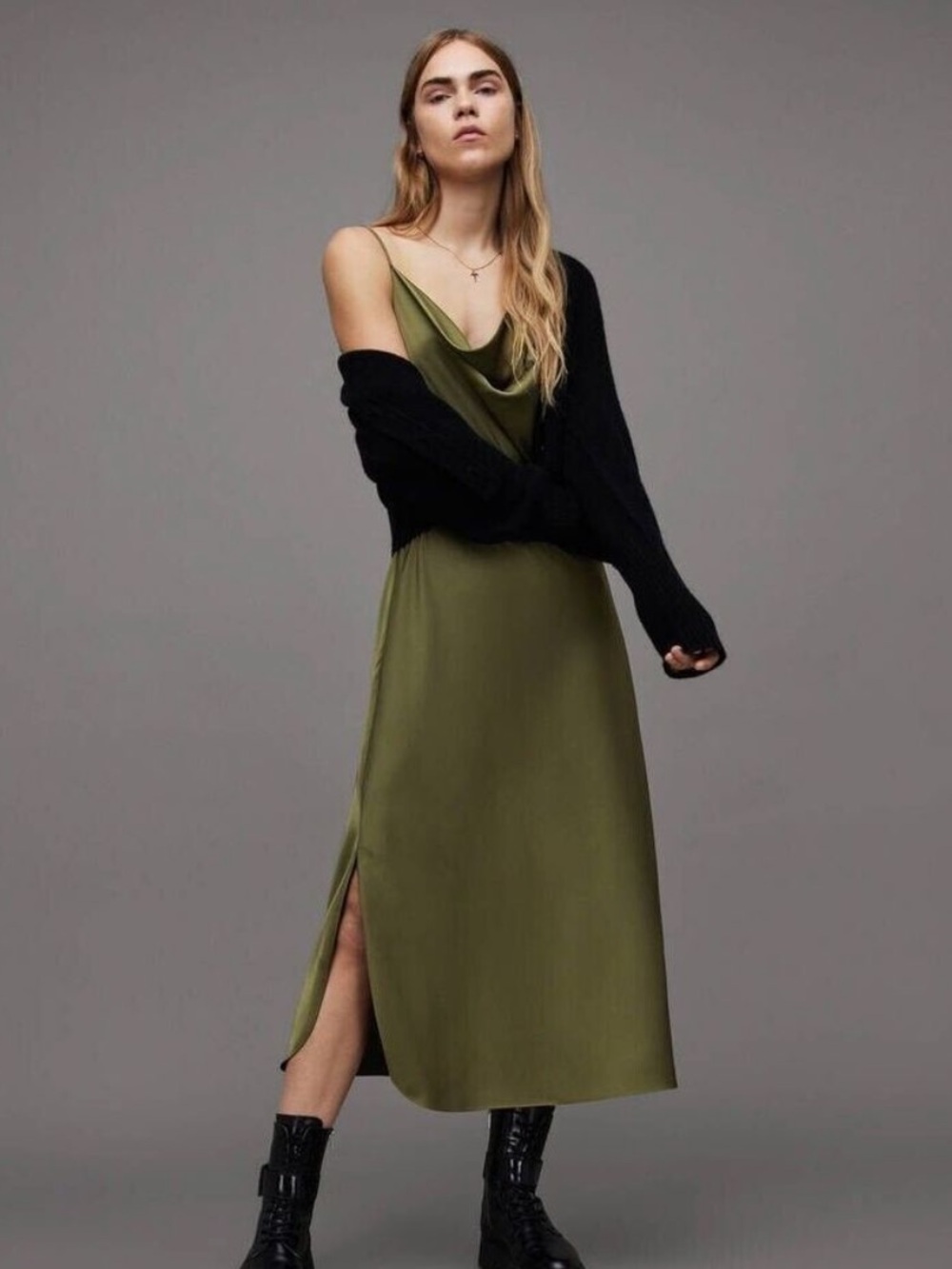All Saints Hadley Cowl Neck Midi Slip Dress in Green